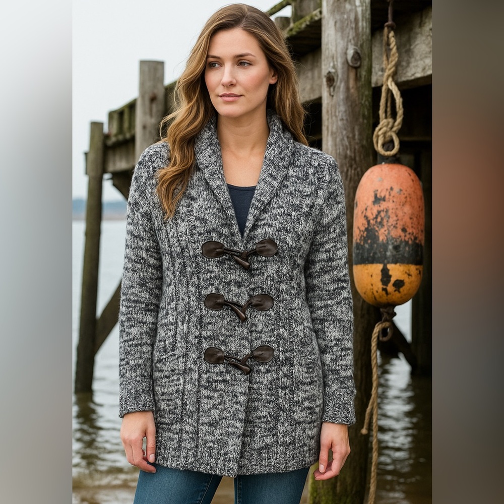Laura Scott Womens Fisherman Cardigan Sweater Size L Toggles Cable Knit Blue